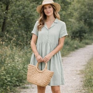 Twik Sage Green Linen Baby Doll Dress